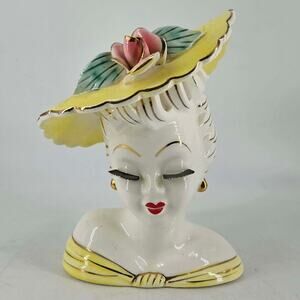 LEFTON Tall Glamour Girl Lady w victory curls hat Head Planter Vase RARE